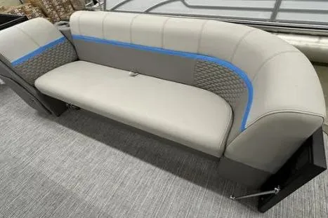 Slide: The Image of 2023 Qwest RLS 822 boat seating with gray upholstery and blue accents. - 4