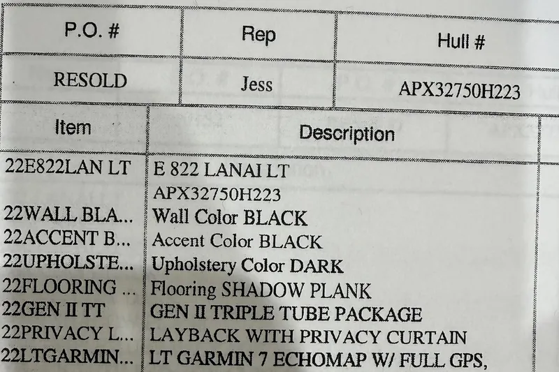 Slide: The Image of 2023 Qwest Lanai 822 order details with black accents and shadow plank flooring. - 6