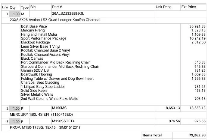 Slide: The Image of Invoice for 2026 Avalon LSZ Quad Lounger with detailed pricing and features. Total: $79,262.50. - 16