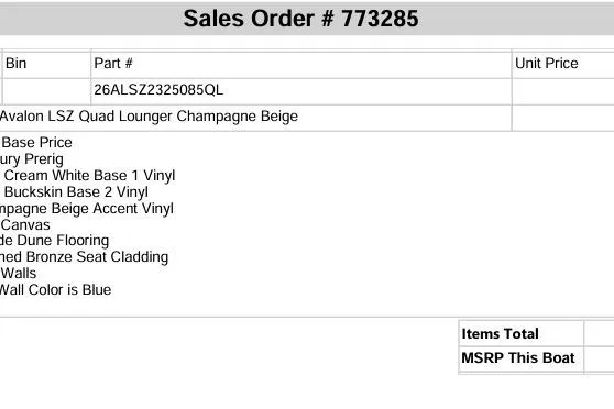 Slide: The Image of Sales order for 2026 Avalon LSZ Quad Lounger, Champagne Beige, with detailed specifications. - 15