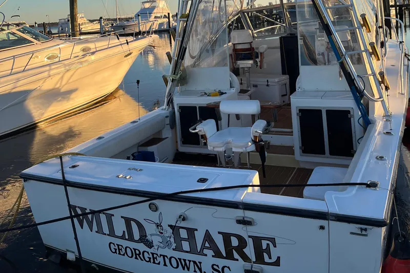 Slide: The Image of 1998 Albemarle 320 Express Fisherman boat docked, named "Wild Hare," Georgetown, SC. - 11