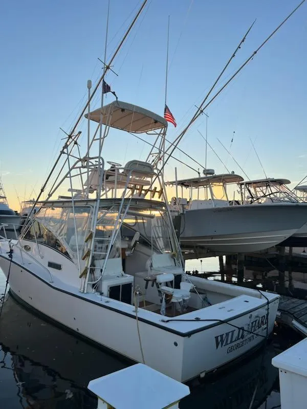 Slide: The Image of 1998 Albemarle 320 Express Fisherman boat docked at sunset. - 22