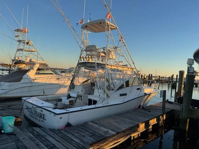 Slide: The Image of 1998 Albemarle 320 Express Fisherman docked at sunset, featuring a tall tower and fishing gear. - 26