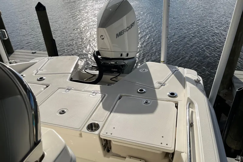 Slide: The Image of 2024 Boston Whaler 250 Dauntless boat with Mercury engine, docked by the water. - 11