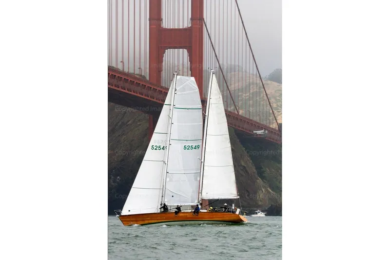Slide: The Image of Schooner sailing near Golden Gate Bridge, Chuck Burns Custom 49', 2007 model. - 1