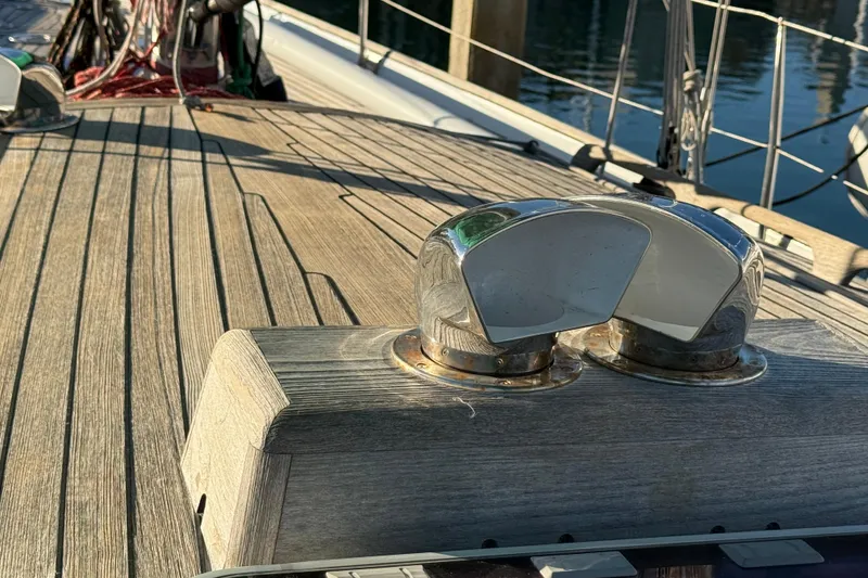 Slide: The Image of Deck of 2007 Chuck Burns Custom 49' Schooner with polished metal fittings. - 16