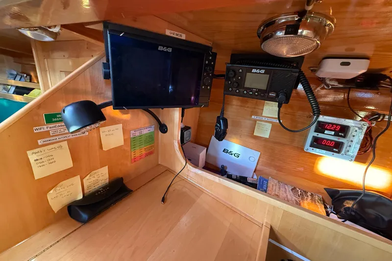 Slide: The Image of Navigation station inside 2007 Chuck Burns Custom 49' Schooner with B&G equipment and notes. - 56