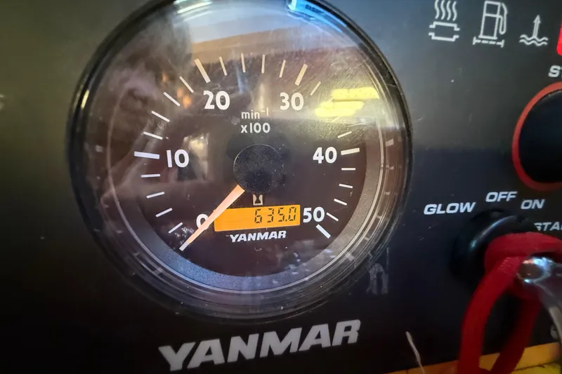 Slide: The Image of Yanmar engine tachometer on Chuck Burns Custom 49' Schooner, 2007 model, showing 637.5 hours. - 66