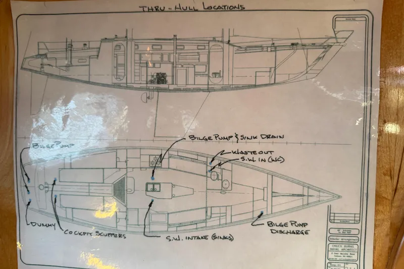 Slide: The Image of Blueprint of 2007 Chuck Burns Custom 49' Schooner, showing thru-hull locations and bilge pump details. - 70