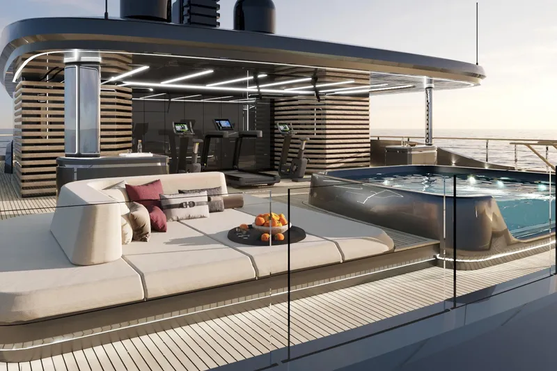 Slide: The Image of Luxurious Sunreef 50M Explorer yacht deck with modern seating, hot tub, and gym equipment, 2026 model. - 3