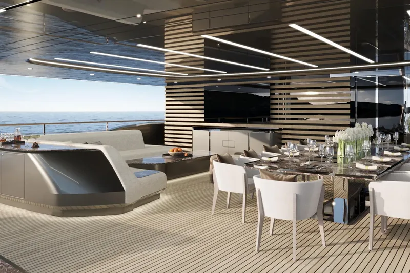 Slide: The Image of Luxurious interior of 2026 Sunreef 50M Explorer yacht with elegant dining area and ocean view. - 6