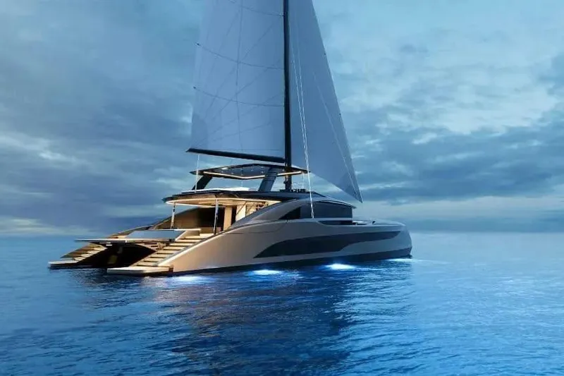 Slide: The Image of Luxurious 2026 Sunreef 100 Infinity yacht sailing at sunset, featuring sleek design and ambient lighting. - 6