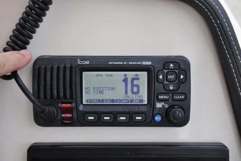 Slide: The Image of VHF marine radio on 2022 Grady-White Freedom 235, channel 16 calling. - 26