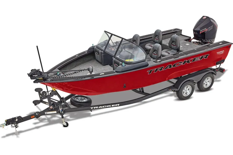 Slide: The Image of 2026 Tracker Targa V-19 WT boat with canopy and outboard motor on trailer. - 2