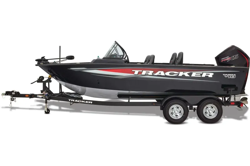Slide: The Image of 2026 Tracker Targa V-19 WT boat on trailer with canopy and outboard motor. - 3