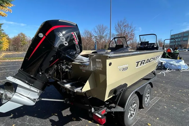 Slide: The Image of 2026 Tracker Targa V-19 Combo boat, top view, showcasing seating and layout. - 3