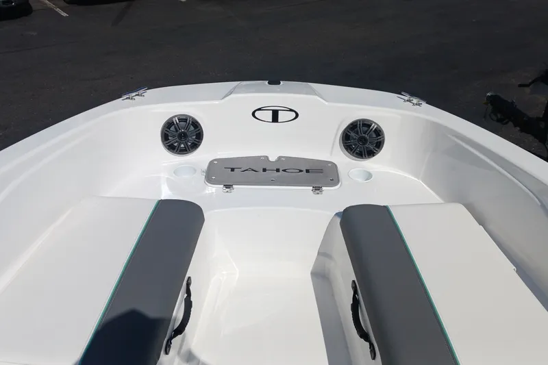 Slide: The Image of 2026 Tahoe T21 boat interior with seating and speakers, showcasing modern design. - 5