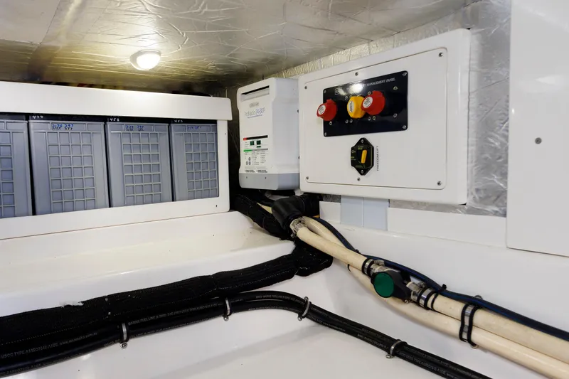 Slide: The Image of Electrical panel and battery setup in 2019 Grand Banks 44 Eastbay SX yacht. - 57