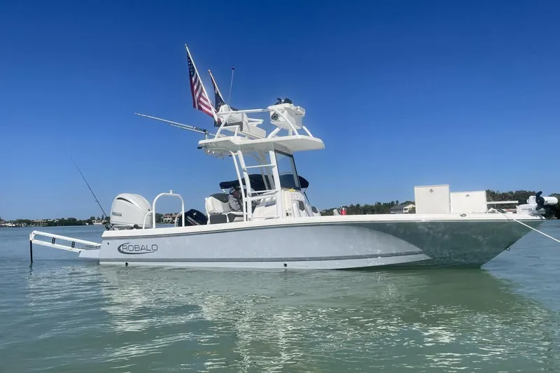 The Image of 2022 Robalo 246 Cayman SD boat on calm water under clear blue sky. - 21