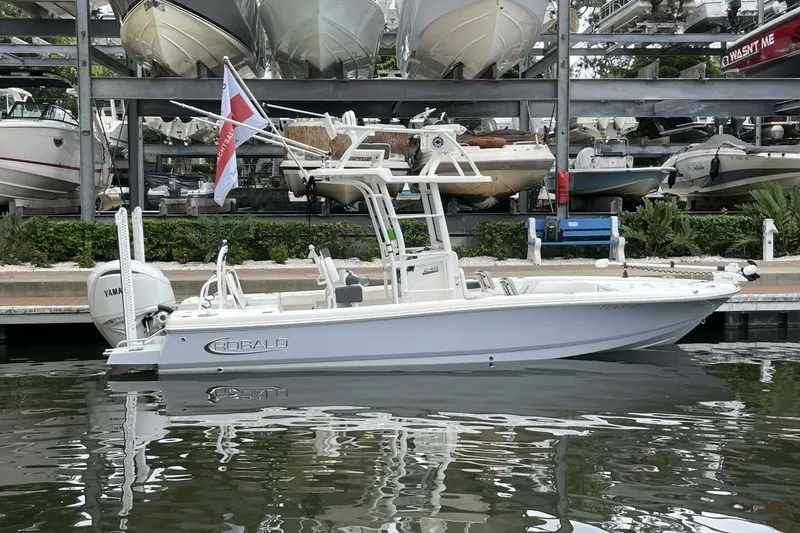 Slide: The Image of 2022 Robalo 246 Cayman SD boat docked with Yamaha engine, marina background. - 24