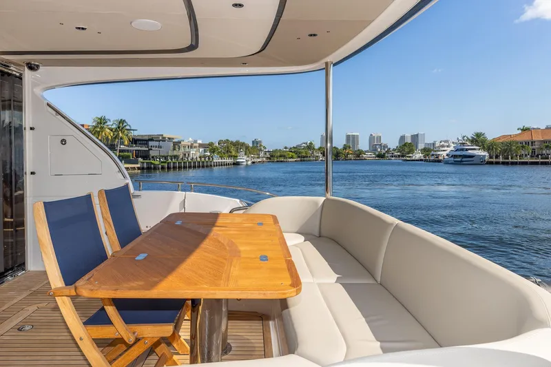 Slide: The Image of Luxury yacht Princess Y72, 2023 model, with elegant deck seating and scenic waterfront view. - 20