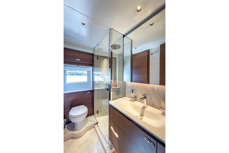 Slide: The Image of Luxurious bathroom in 2023 Princess Y72 yacht with modern fixtures and elegant design. - 64