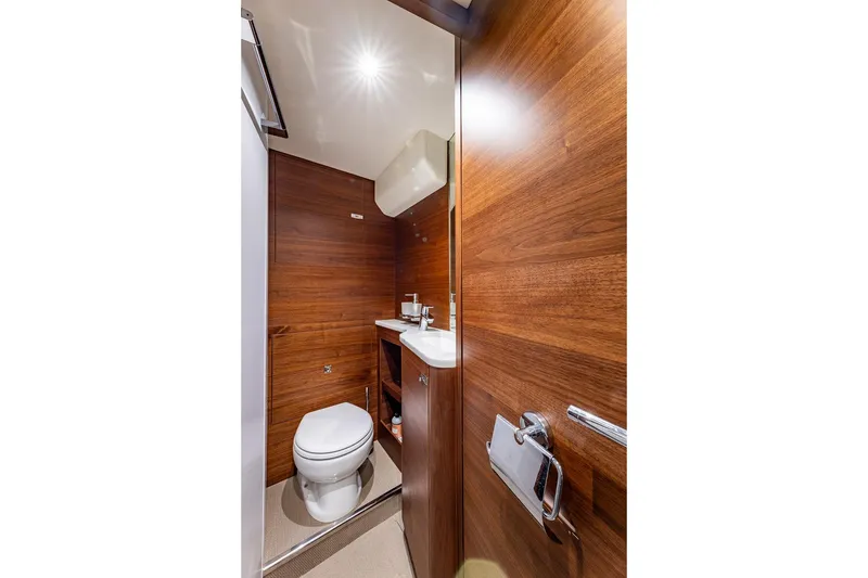 Slide: The Image of Luxurious wooden bathroom interior on 2023 Princess Y72 yacht. - 72