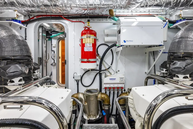 Slide: The Image of Engine room of 2023 Princess Y72 yacht, featuring advanced equipment and fire safety system. - 75