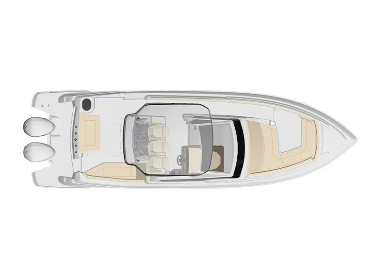 Slide: The Image of 2022 Regal 38 SAV boat interior with white cushioned seating and speaker. - 95