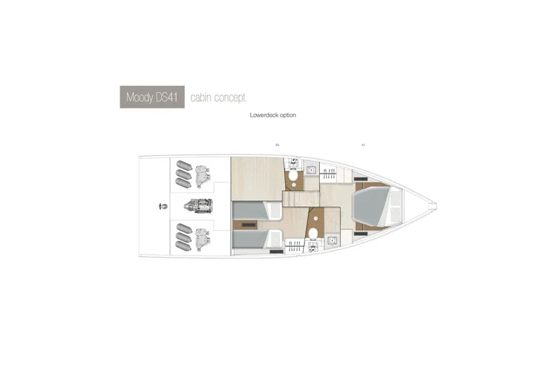 Slide: The Image of Floor plan of 2024 Moody 41ds yacht cabin concept, showcasing lower deck layout. - 37