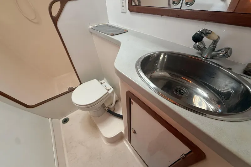 Slide: The Image of Bathroom interior of 1995 Manta Sailing Catamaran with sink, toilet, and shower. - 60