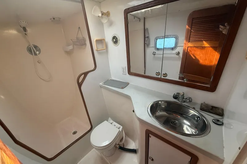 Slide: The Image of Bathroom interior of a 1995 Manta Sailing Catamaran with shower, sink, and toilet. - 65