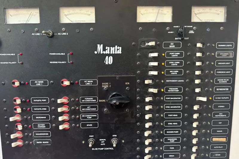 Slide: The Image of Control panel of a 1995 Manta SAILING CATAMARAN, featuring switches and gauges. - 71