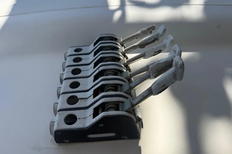 Slide: The Image of Close-up of sailing catamaran rope clutches on a 1995 Manta model. - 78