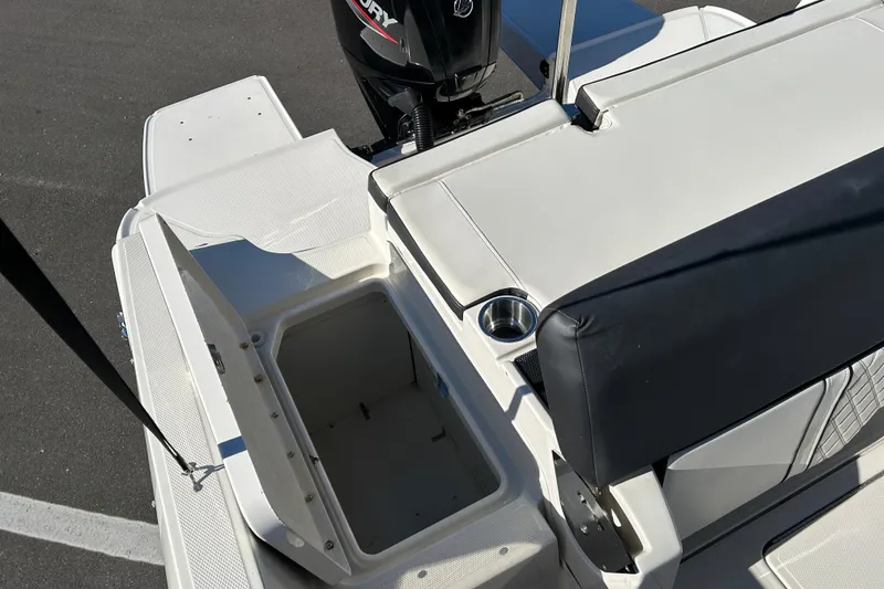Slide: The Image of 2020 Bayliner DX 2000 boat interior with open storage compartment and Mercury engine. - 19