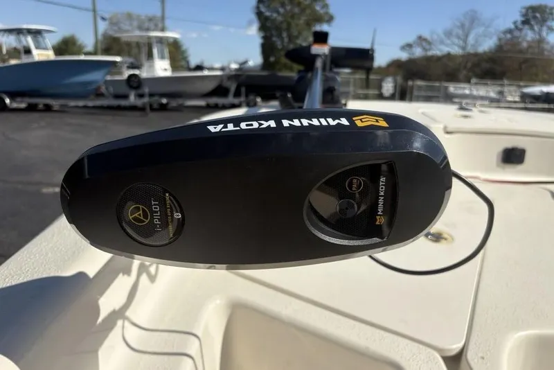 Slide: The Image of Minn Kota motor on 2017 Carolina Skiff 198 DLV boat, close-up view. - 14