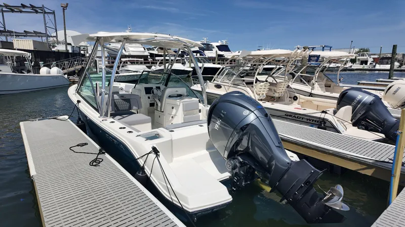 The Image of 2025 Cobia 240 Dual Console boat docked, blue hull, cloudy sky background. - 0