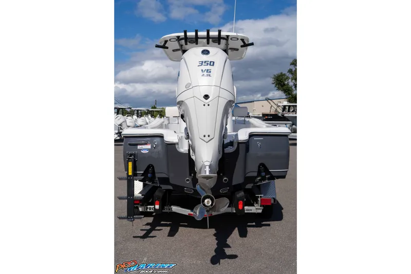 Slide: The Image of 2026 Sea Hunt BX 25 FS boat with powerful 350 V6 engine, rear view. - 13