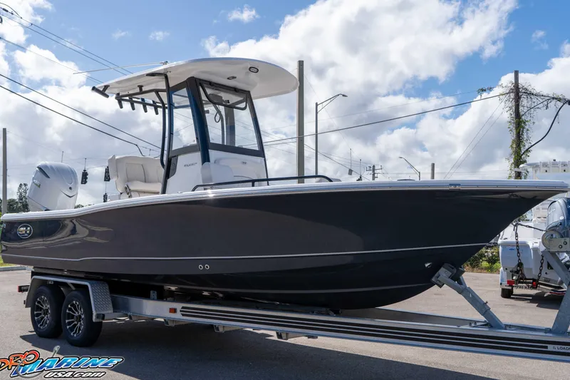 Slide: The Image of 2026 Sea Hunt BX 25 FS boat on trailer under blue sky. - 19