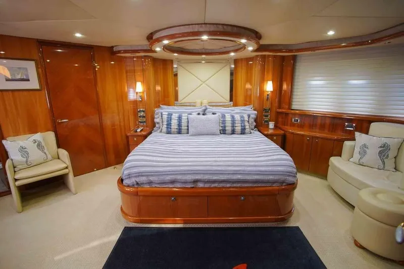Slide: The Image of Luxurious bedroom interior of 2006 Sunseeker Manhattan Motor 82 yacht with elegant wood finishes. - 21