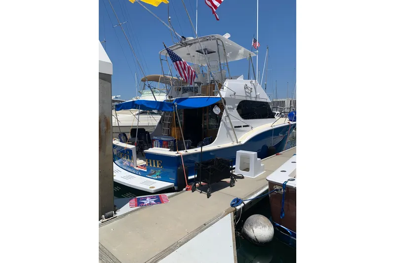 Slide: The Image of 1974 Hatteras Convertible Sportfisher docked, featuring American flags and blue canopy. - 60