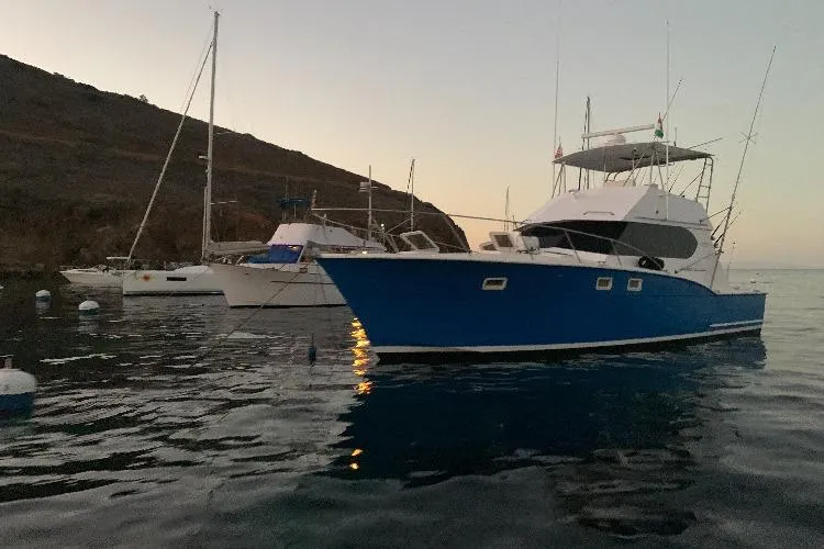 Slide: The Image of 1974 Hatteras Convertible Sportfisher yacht docked at sunset, calm waters, scenic backdrop. - 62