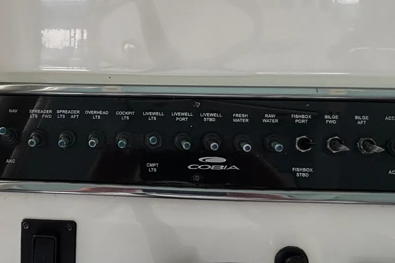 Slide: The Image of Control panel of a 2017 Cobia 296 Center Console boat with labeled switches. - 18