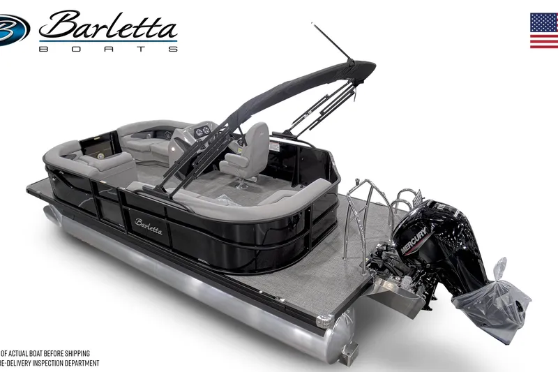 Slide: The Image of 2026 Barletta Aria 20L pontoon boat with Mercury engine, sleek design, and comfortable seating. - 2