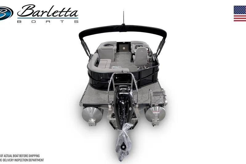 Slide: The Image of 2026 Barletta Aria 20L pontoon boat, rear view, showcasing seating and motor. - 3