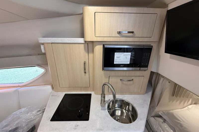 Slide: The Image of 2026 Regal 28 Express boat interior kitchen with microwave, sink, and stove. - 41