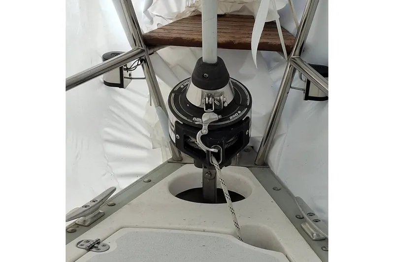 Slide: The Image of Furling system on 1989 Hunter 30 sailboat, featuring stainless steel rigging and deck hardware. - 7