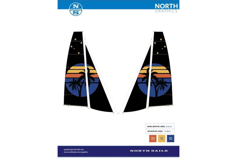 Slide: The Image of Harvey Yachts 58 sail design, 2017, featuring sunset and palm tree graphics by North Sails. - 107