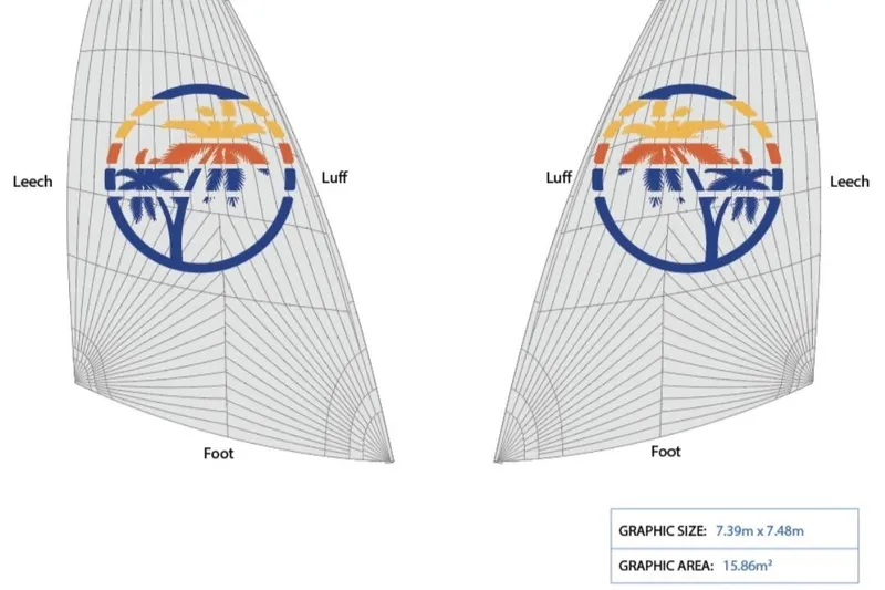 Slide: The Image of Sail design for Harvey Yachts 58, 2017 model, featuring colorful logo and labeled parts. - 109