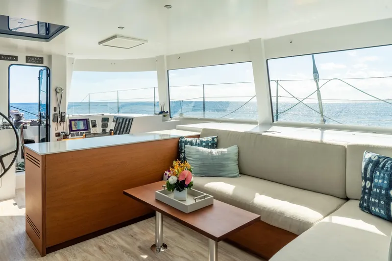 Slide: The Image of Luxurious interior of 2017 Harvey Yachts 58, featuring elegant seating and ocean views. - 21